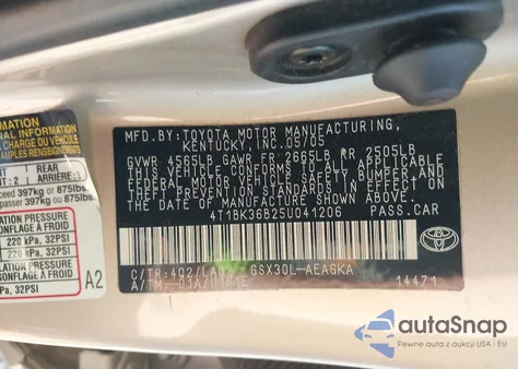 2005 Toyota Avalon Xls z USA, uszkodzony, nr VIN 4T1BK36B25U041206
